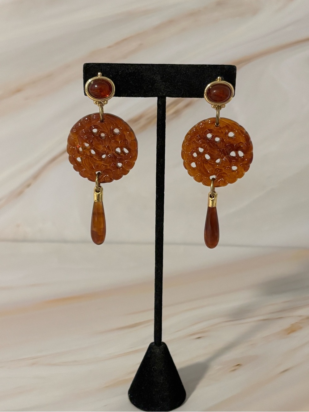 Kenneth Jay Lane (KJL) Amber Resin Asian Carved Disc Drop Earrings 3”
